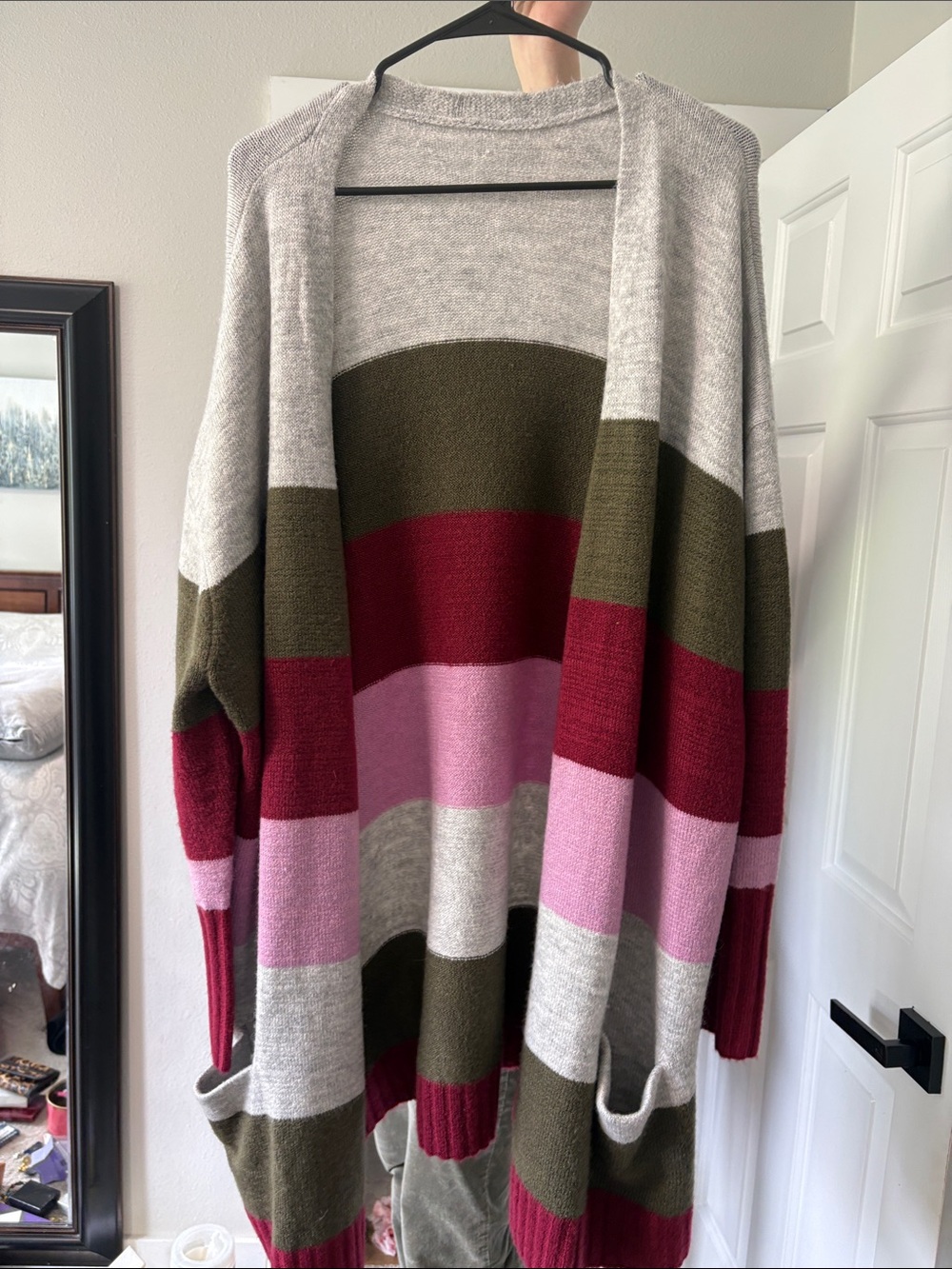 Caslon Striped Open-Front Cardigan in Gray, Olive, Pink & Burgundy